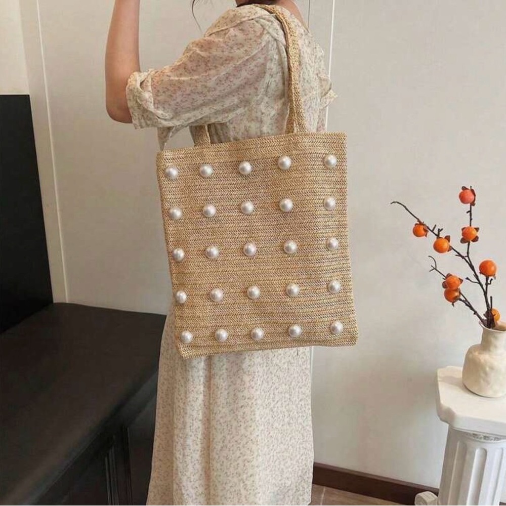 "Sandy" Pearl-Embellished Tan Weaved Tote Bag! NWOT - Picture 7 of 9